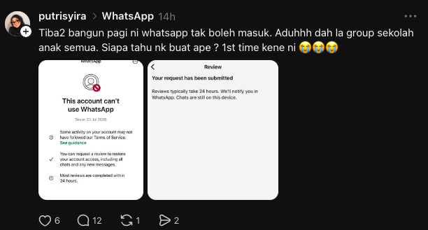 Image from: Ramai Tak Boleh Guna WhatsApp, Dakwa Akaun Tiba-Tiba Disekat