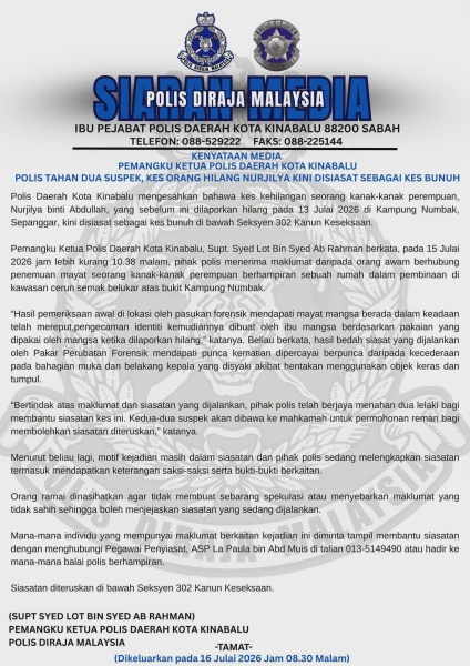 Image from: Polis Tahan Dua Suspek, Kes Kanak-kanak Hilang Kini Disiasat Sebagai Kes Bunuh
