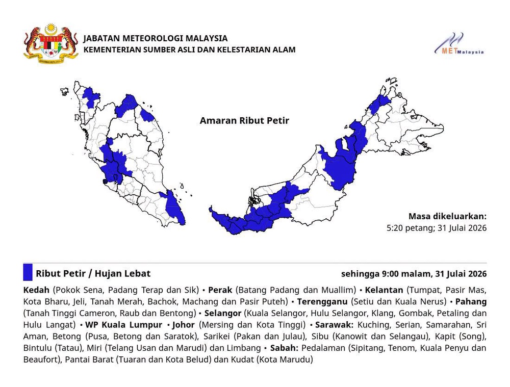 Image from: Amaran Hujan Lebat Di 9 Negeri, 1 Wilayah Hingga Malam Ini