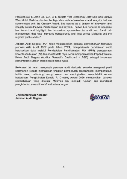 Image from: Ketua Audit Negara Terima Pengiktirafan Tertinggi Dunia Antifraud: Donald R. Cressey Award 2026