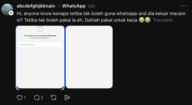 Image from: Ramai Tak Boleh Guna WhatsApp, Dakwa Akaun Tiba-Tiba Disekat