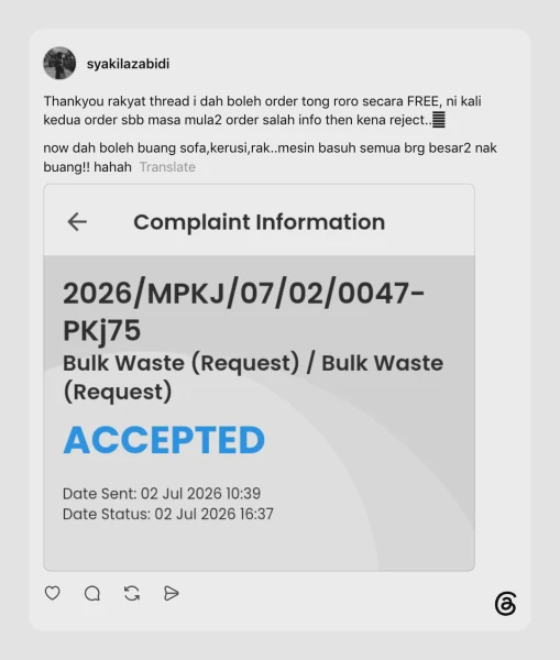 Image from: Nak Buang Sofa Lama? Ini Cara Mohon Tong RORO Percuma Untuk Penduduk Selangor