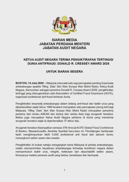 Image from: Ketua Audit Negara Terima Pengiktirafan Tertinggi Dunia Antifraud: Donald R. Cressey Award 2026