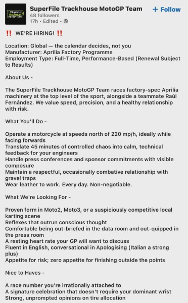 Image from: Trackhouse MotoGP Tawar Jawatan Kosong Cari Pelumba Baharu, Ini Syarat Yang Diperlukan