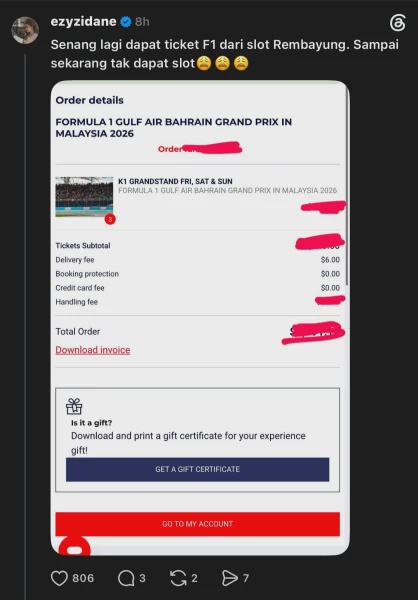 Image from: Keajaiban Berlaku, Khairul Aming Kongsi Trik Beli Tiket F1 Walaupun Sudah “Sold Out”