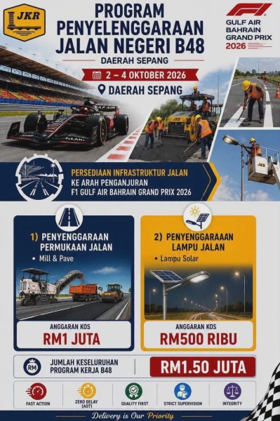 Image from: JKR Peruntuk RM17.5 Juta Naik Taraf Jalan Sepang Menjelang F1 Grand Prix Malaysia 2026