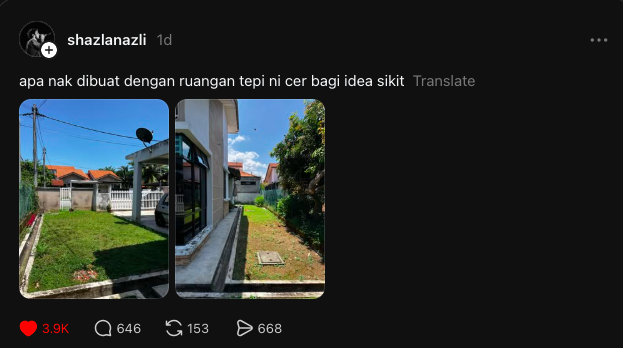 Image from: Lelaki Minta Idea Nak Buat Apa Ruang Kosong Tepi Rumah, Terhibur Tengok Cadangan Netizen