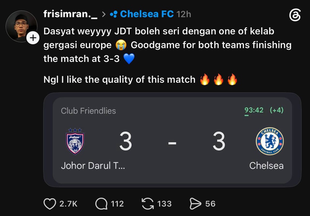 Image from: Ramai Terkejut, Aksi Hebat JDT Lawan Chelsea Jadi Tumpuan Peminat Dunia