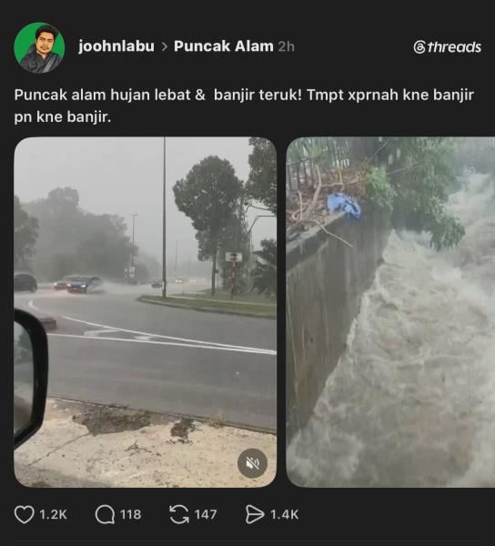 Image from: Air Mula Naik Di Puncak Alam Susulan Hujan Lebat, Orang Awam Kongsi Keadaan Terkini