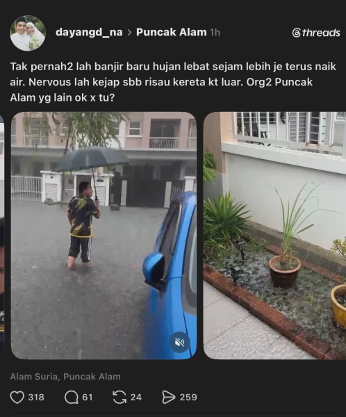 Image from: Air Mula Naik Di Puncak Alam Susulan Hujan Lebat, Orang Awam Kongsi Keadaan Terkini