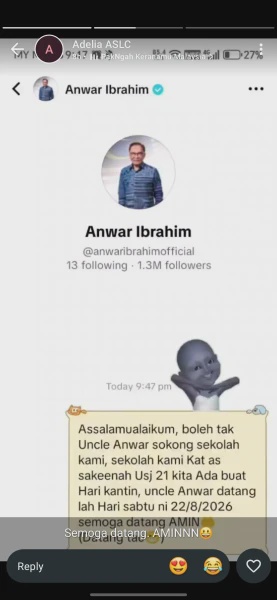 Image from: “Uncle Anwar Datanglah...”, Murid DM Jemput Hadir Ke Hari Usahawan Cilik, Jawapan PMX Curi Tumpuan Ramai