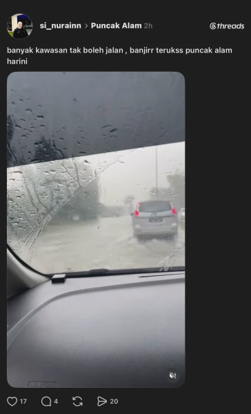 Image from: Air Mula Naik Di Puncak Alam Susulan Hujan Lebat, Orang Awam Kongsi Keadaan Terkini