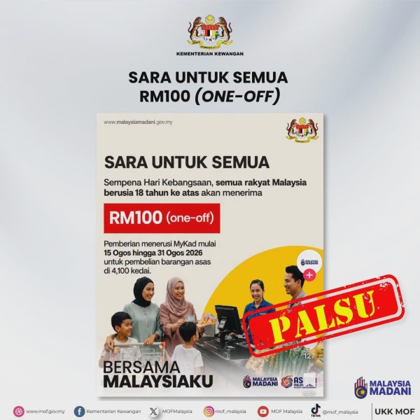 Image from: Dakwaan SARA RM100 Kepada Semua Rakyat Malaysia Berusia 18 Tahun Ke Atas Adalah Palsu - MOF