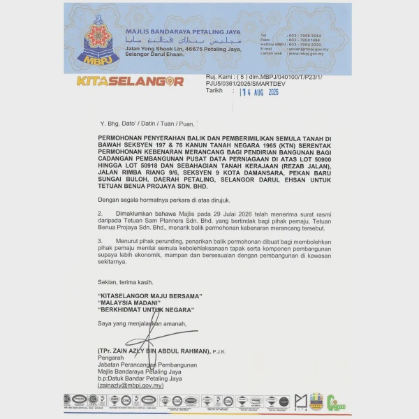 Image from: Pemaju Tarik Balik Permohonan Bina Pusat Data Di Kota Damansara Susulan Bantahan Penduduk