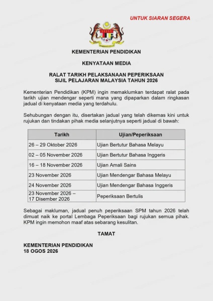 Image from: KPM Perbetul Tarikh Ujian Mendengar SPM 2026, Ini Jadual Terkini Yang Calon & Ibu Bapa Perlu Tahu