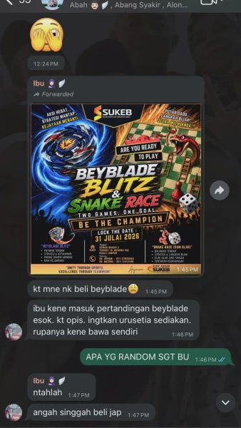 Image from: Terhibur, Ibu 'Random' Masuk Pertandingan Beyblade Office, Permintaan Pula Buat Anak Garu Kepala