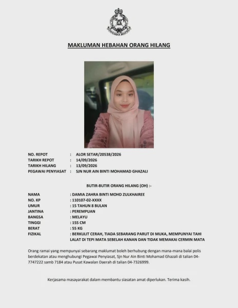 Image from: Polis Minta Bantuan Kesan Damia Zahra, Hilang Sejak 13 September Lalu