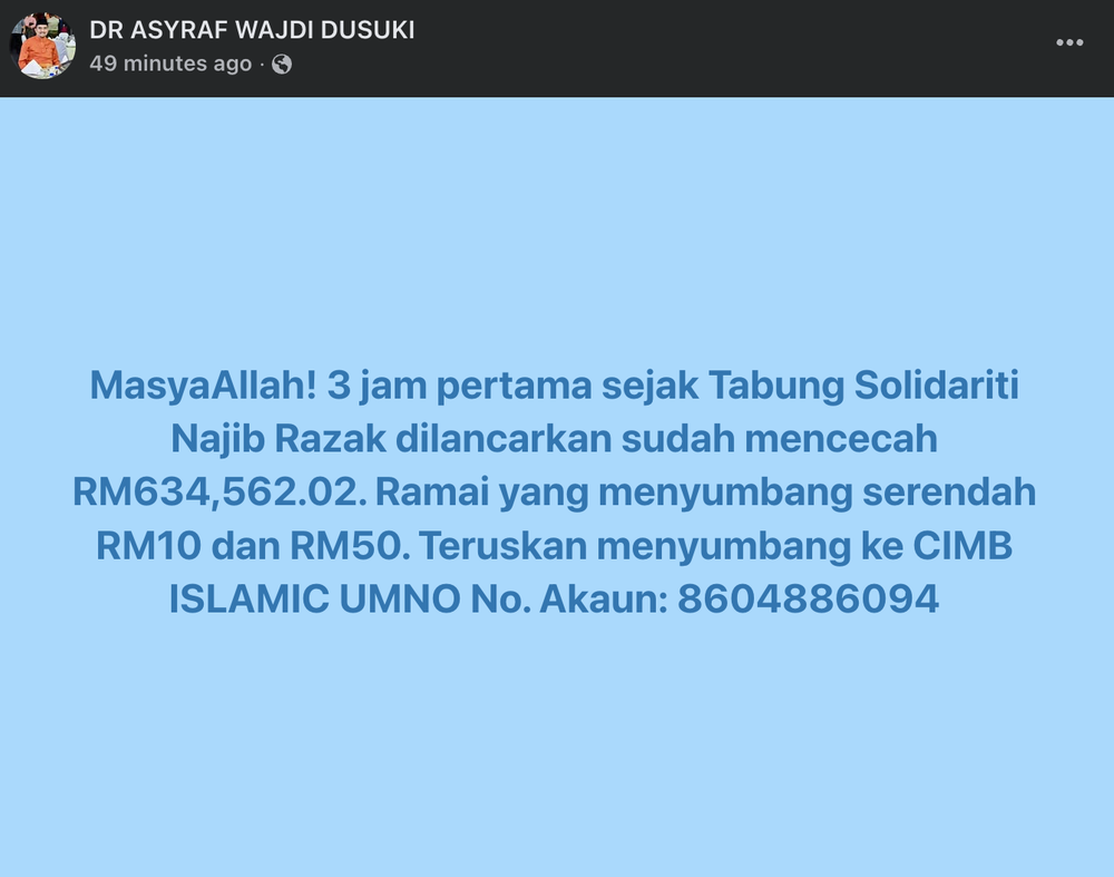 Image from: Tabung Solidariti Najib Kumpul RM634,562 Dalam Tempoh 3 Jam - Asyraf