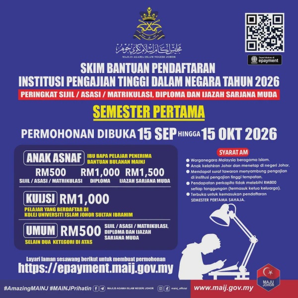 Image from: Skim Bantuan Pendaftaran IPT 2026 Dibuka, Pelajar Johor Boleh Dapat Sehingga RM1,500