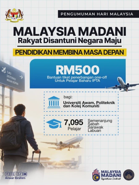 Image from: PM Umum Bantuan Tiket Penerbangan One-Off RM500 Kepada Pelajar Baharu IPTA Yang Layak
