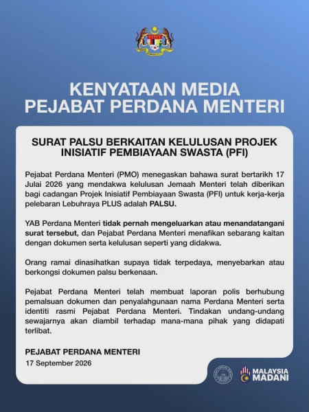 Image from: PMO Buat Laporan Polis Susulan Pemalsuan Surat Projek Pelebaran Lebuh Raya PLUS