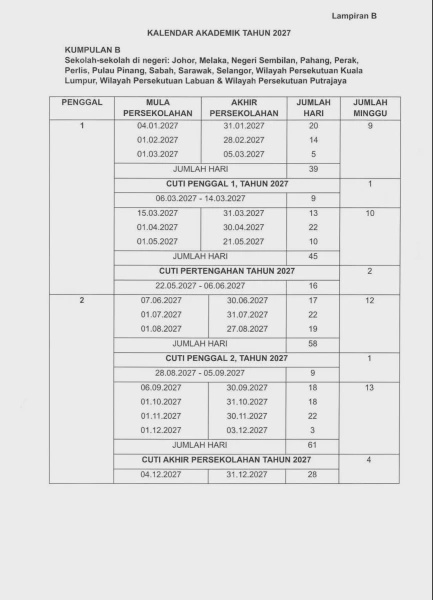 Image from: Ibu Bapa Ambil Maklum, Ini Kalendar Akademik & Cuti Sekolah 2027 Yang Diumumkan KPM