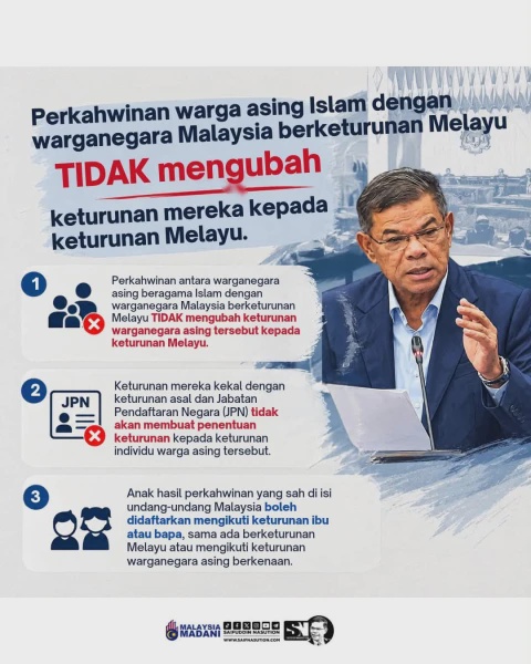 Image from: Kahwin Dengan Orang Melayu Tidak Ubah Keturunan Warga Asing - Saifuddin Nasution