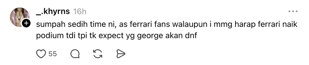 Image from: Peminat F1 Kongsi Kesedihan, George Russell Terpaksa DNF Di Lima Pusingan Akhir