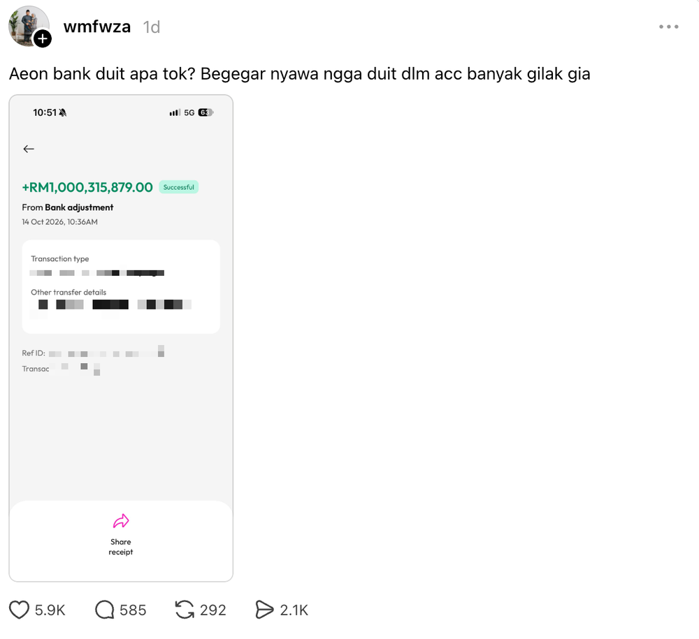 Image from: "Bergegar Nyawa Tengok Duit..." Lelaki Terkejut Wang RM1 Bilion Masuk Dalam Akaun Bank