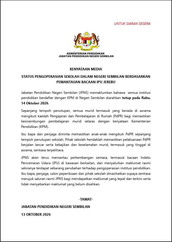 Image from: Jerebu: Semua Sekolah Berdaftar Dengan KPM Di Negeri Sembilan Ditutup Esok