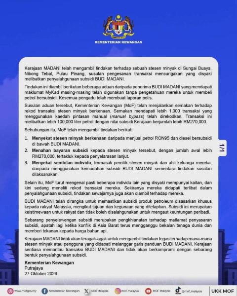 Image from: Lebih RM270,000 BUDI MADANI Disyaki Disalah Guna, Stesen Minyak Di Pulau Pinang Disekat