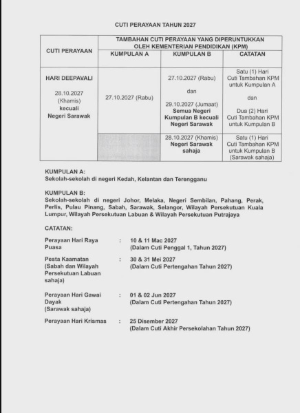 Image from: Ibu Bapa Ambil Maklum, Ini Kalendar Akademik & Cuti Sekolah 2027 Yang Diumumkan KPM