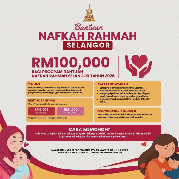 Image from: Bantuan Nafkah Rahmah Selangor 2026: Isteri Dapat RM2,000, Anak RM1,000, Ini Syarat Kelayakan & Cara Mohon