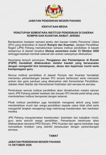Image from: Jerebu: Sekolah Di Rompin Dan Kuantan Ditutup Sementara, PdPR Dilaksana