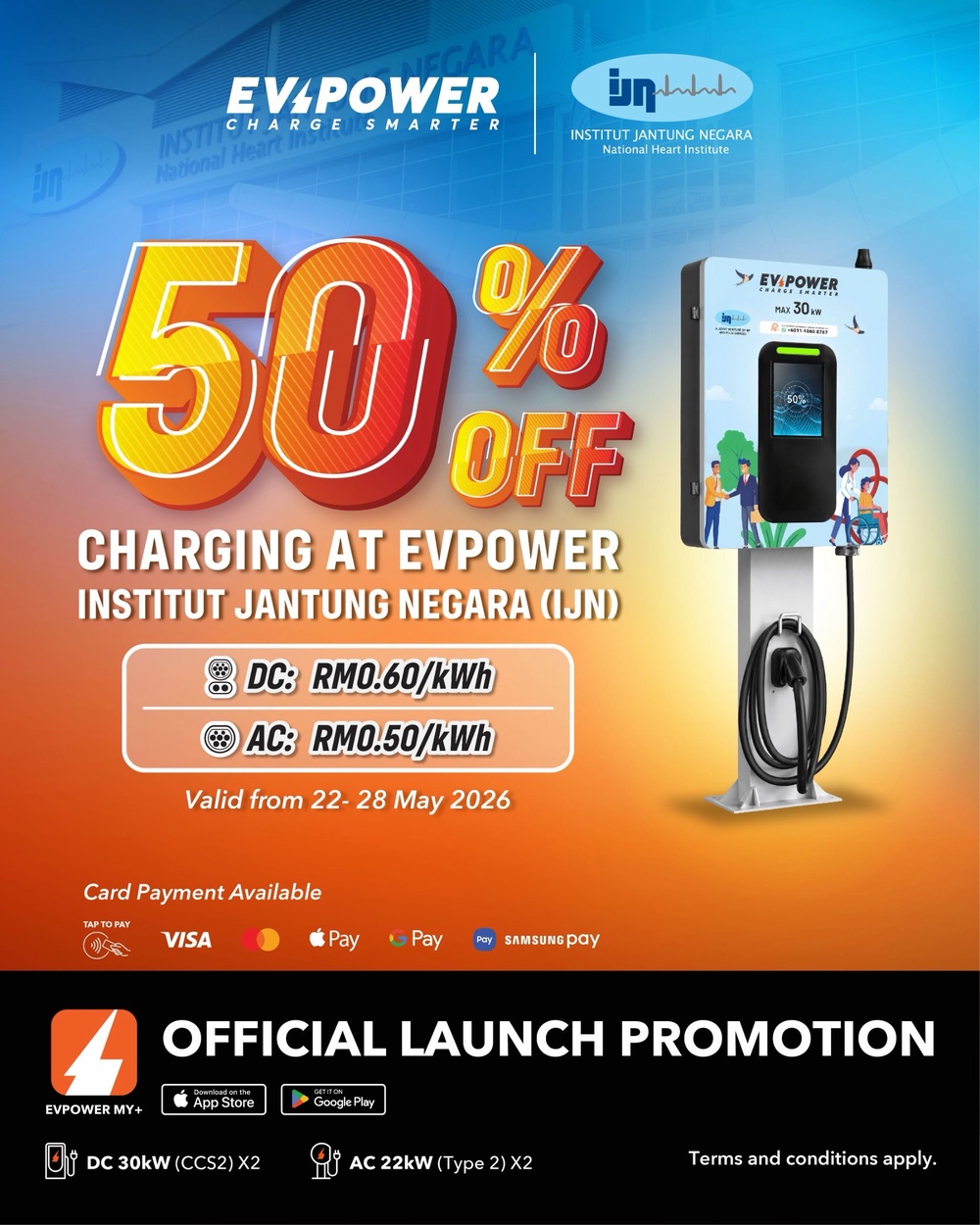 Image from: EVPower在IJN启用30kW直流和22kW交流充电桩,限时提供50%充电费折扣