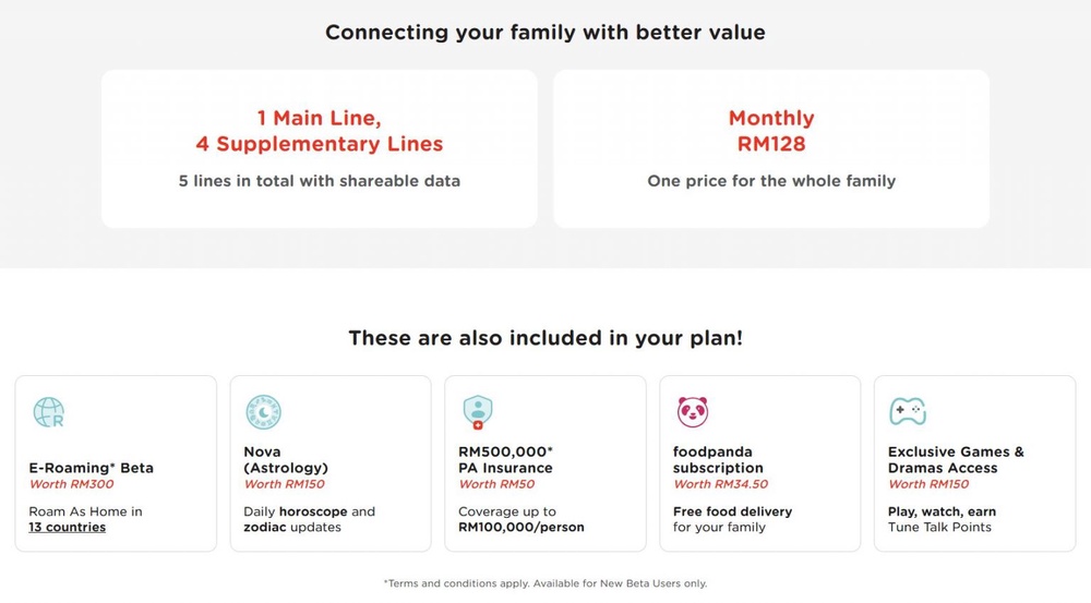 Image from: Tune Talk推出Epik+ Family预付配套:每月128令吉享1200GB 5G数据、5条线路、Roam Like Home及50万令吉个人意外保险