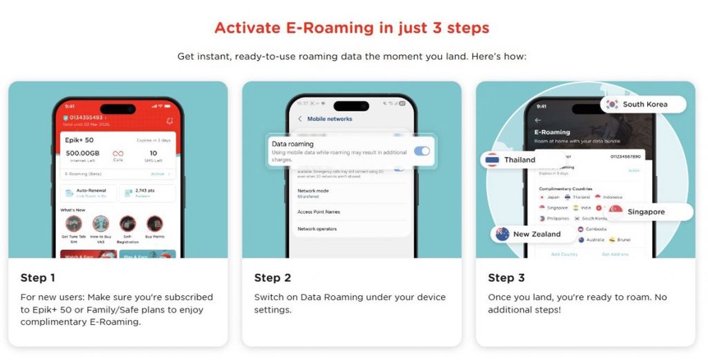 Image from: E-Roaming: Tune Talk offers free Data Roaming in 13 countries on Epik+ 50, Family and Epik+ Family Safe Plans