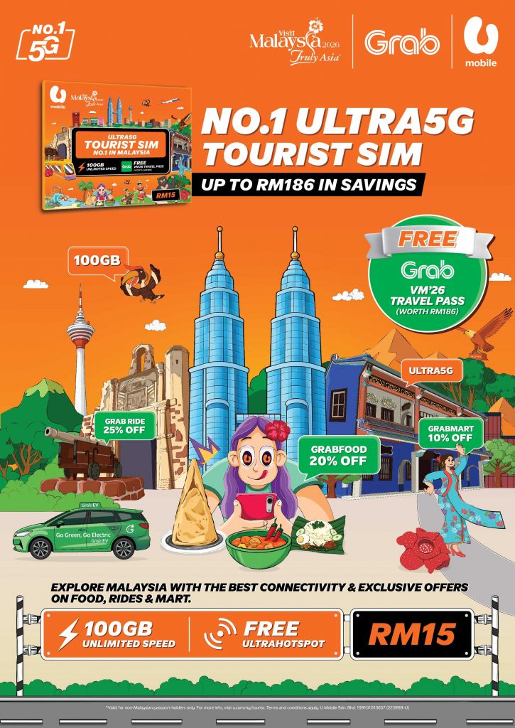 Image from: U Mobile launches ULTRA5G Tourist SIM with 100GB data from RM15, bundles Grab Visit Malaysia 2026 Travel Pass