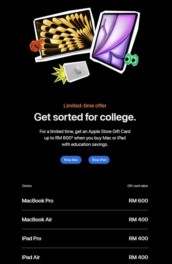Image from: Apple Back to School 2026: Get up to RM600 Gift Card when you buy Mac or iPad