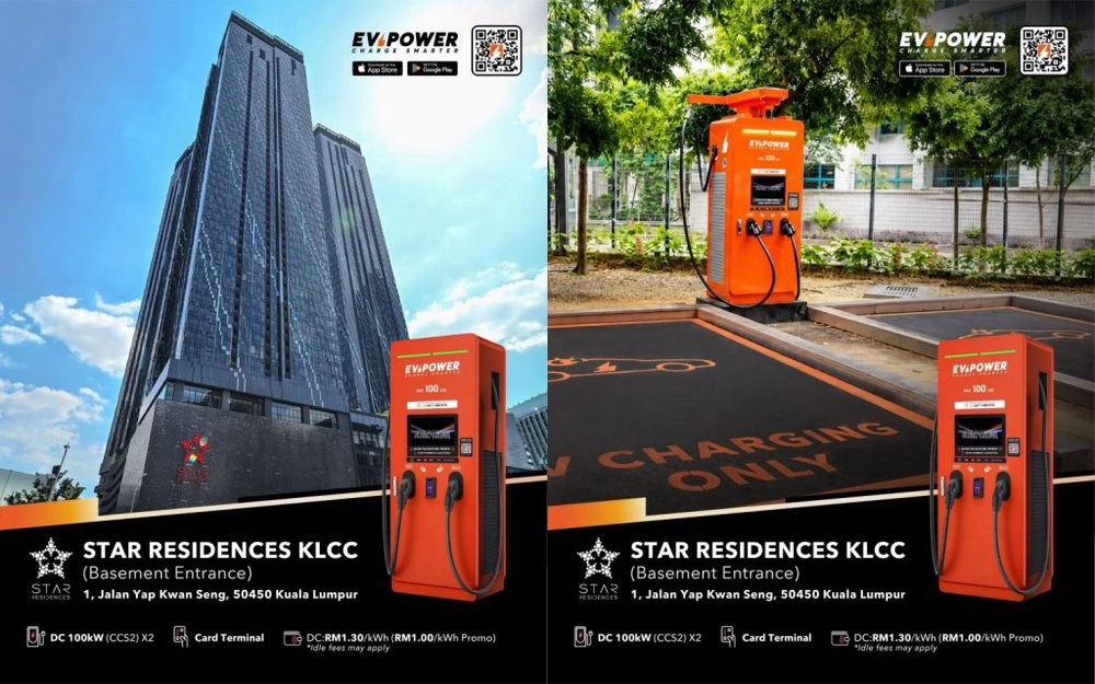 Image from: EVPower turns on 100kW DC Charger at Star Residences KLCC. RM1/kWh for limited time