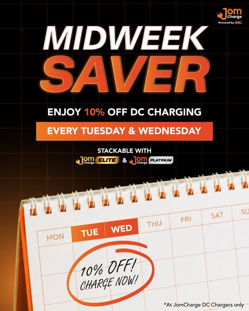 Image from: Midweek Saver: JomCharge offer 10% off for DC Charging every Tuesday and Wednesday