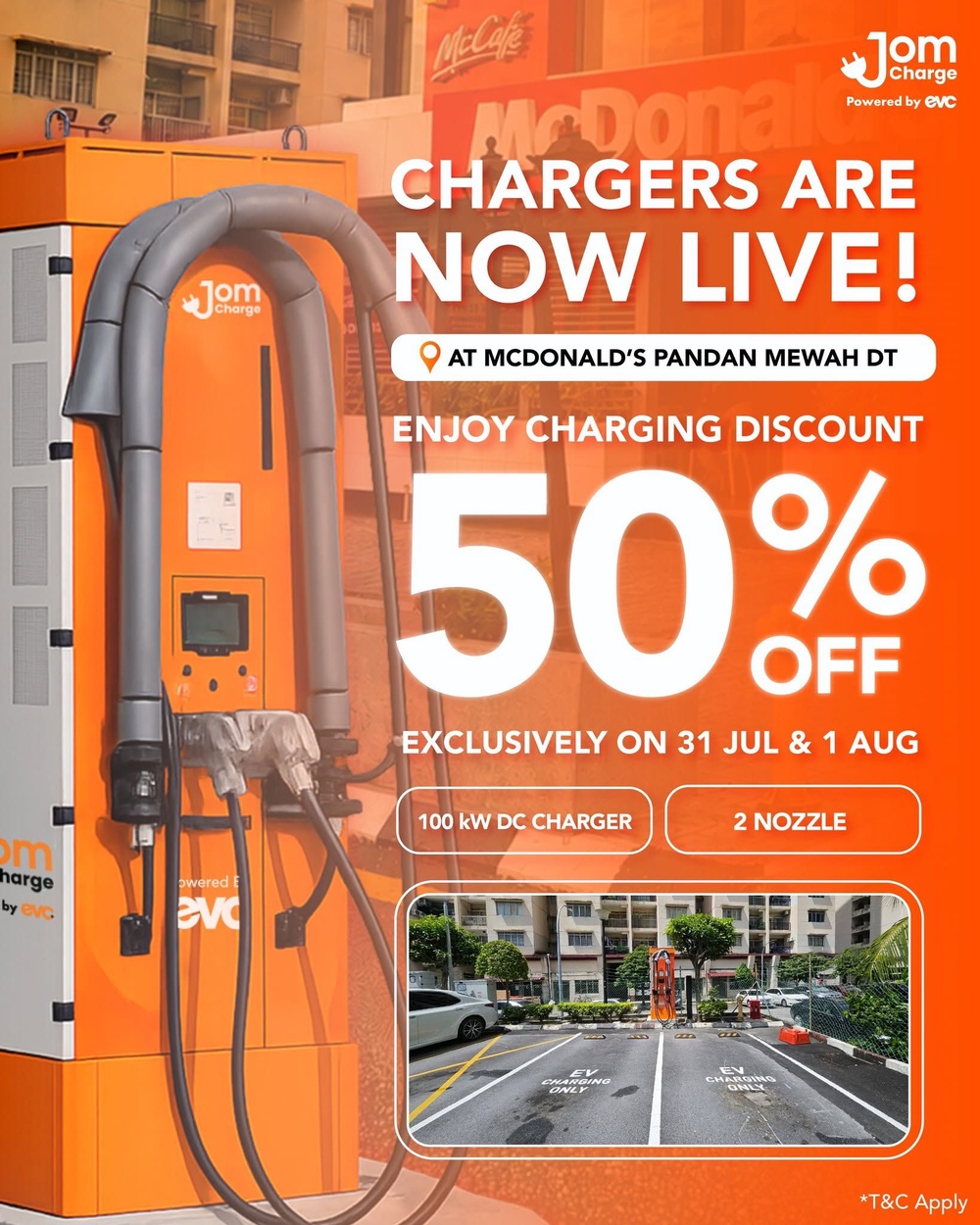 Image from: JomCharge在安邦班登美华麦当劳启用100kW直流充电桩