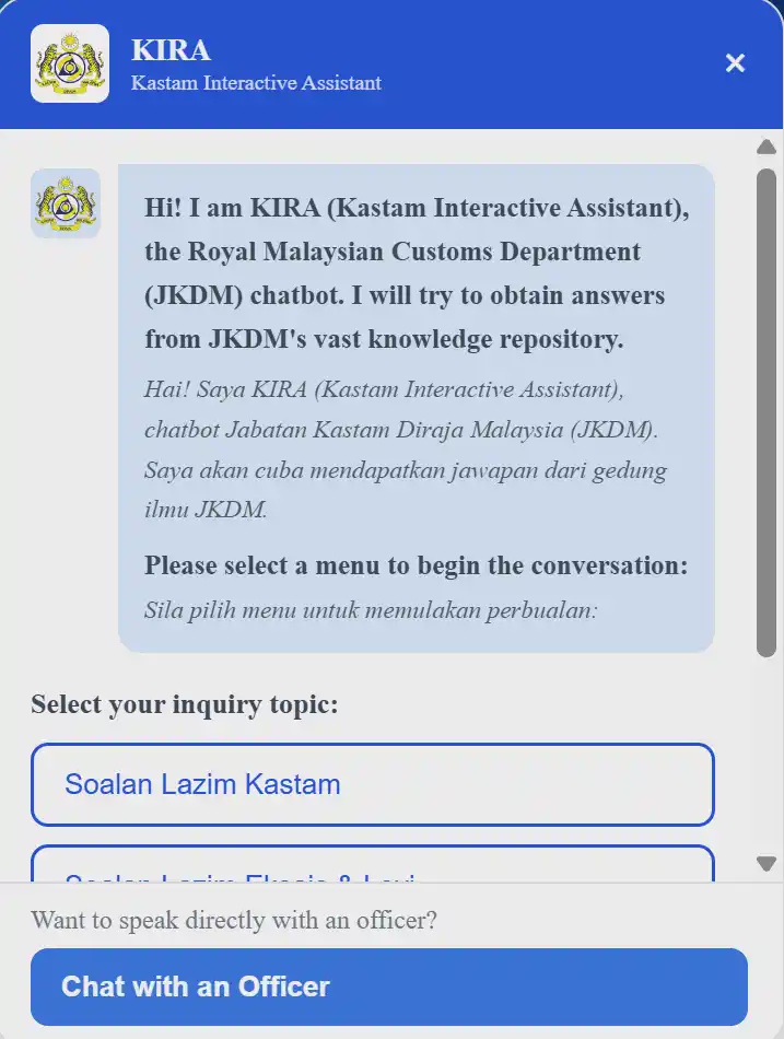 Image from: Malaysia’s Customs department introduces live chat powered by ‘Actual Intelligence’, but there’s a catch