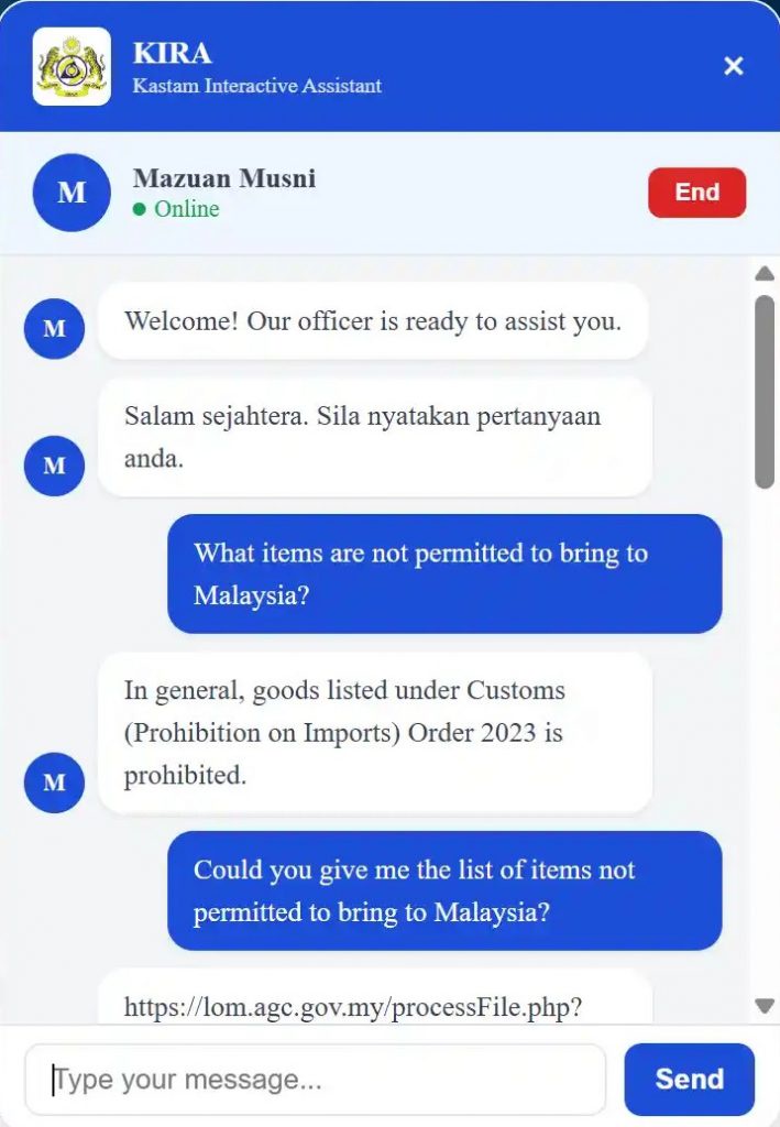 Image from: Malaysia’s Customs department introduces live chat powered by ‘Actual Intelligence’, but there’s a catch