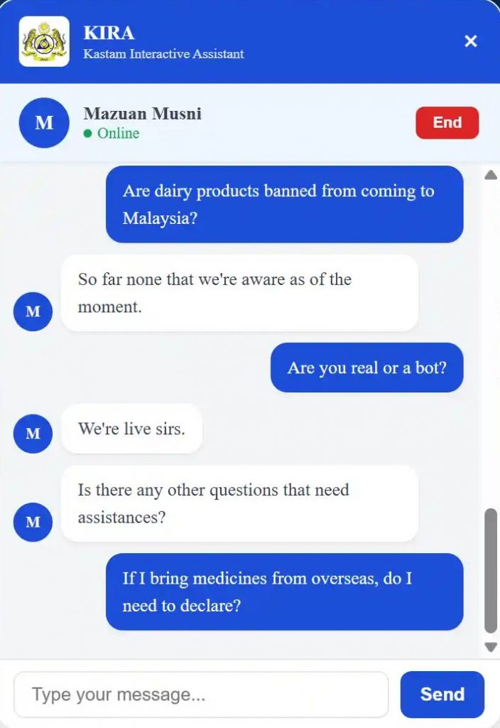 Image from: Malaysia’s Customs department introduces live chat powered by ‘Actual Intelligence’, but there’s a catch