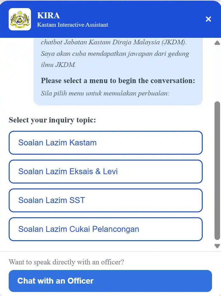 Image from: Malaysia’s Customs department introduces live chat powered by ‘Actual Intelligence’, but there’s a catch