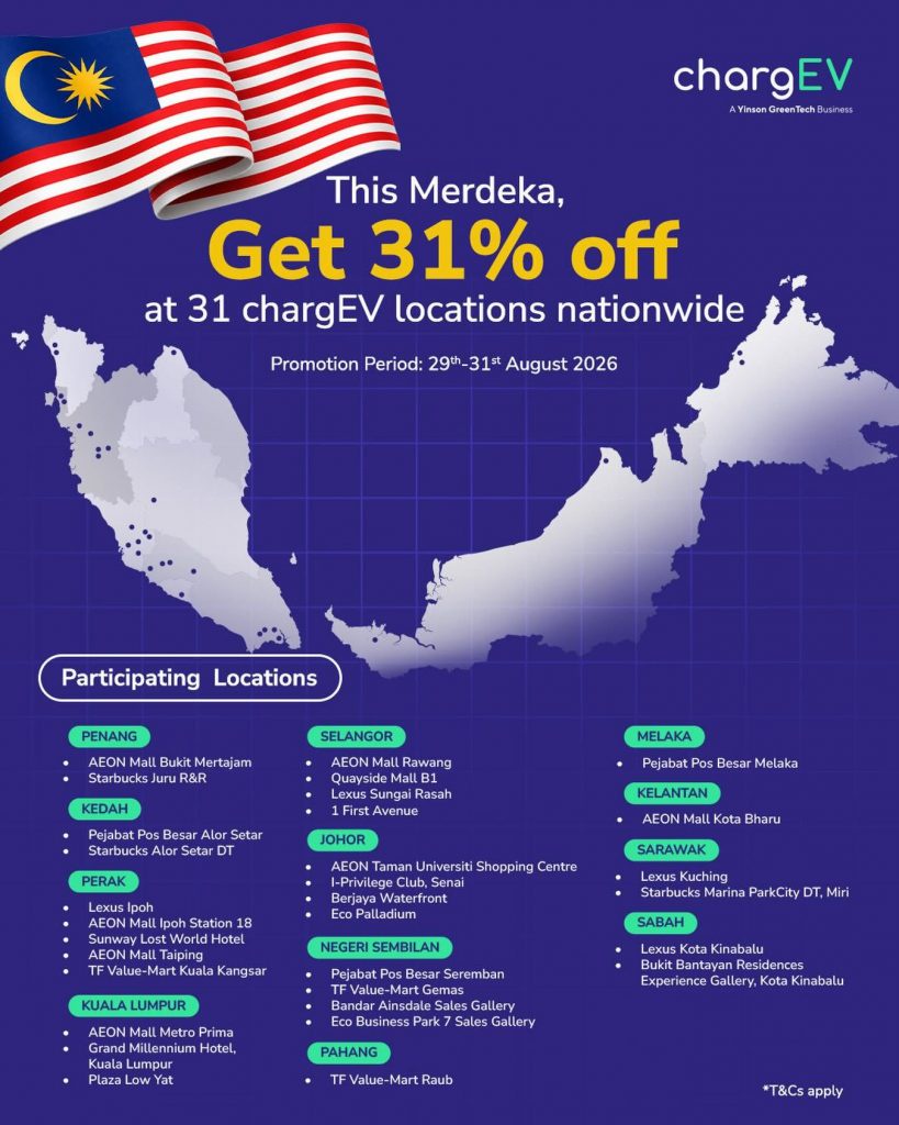Image from: ChargEV offers 31% discount for EV charging at 31 locations this Merdeka weekend