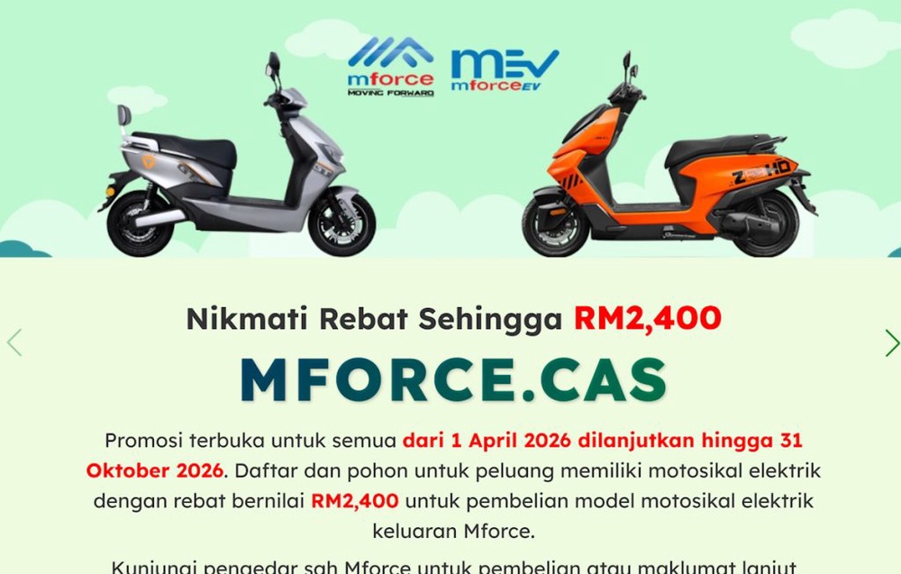 Image from: Mforce.Cas deadline extended again: Get electric motorcycle for as low as RM3,098 by 31 Oct
