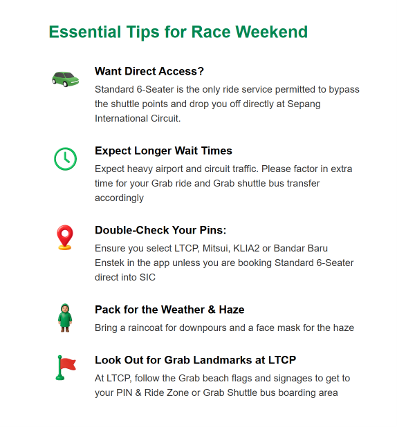Image from: Heading to Sepang International Circuit for F1 Bahrain Grand Prix? Here are the Grab drop off and shuttle rules