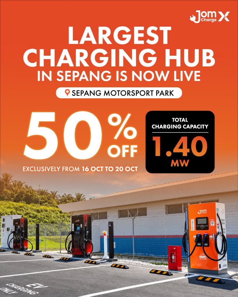 Image from: JomChargeX 1.4MW EV Charging Hub with 13 bays at Sepang now live. 50% off for limited time